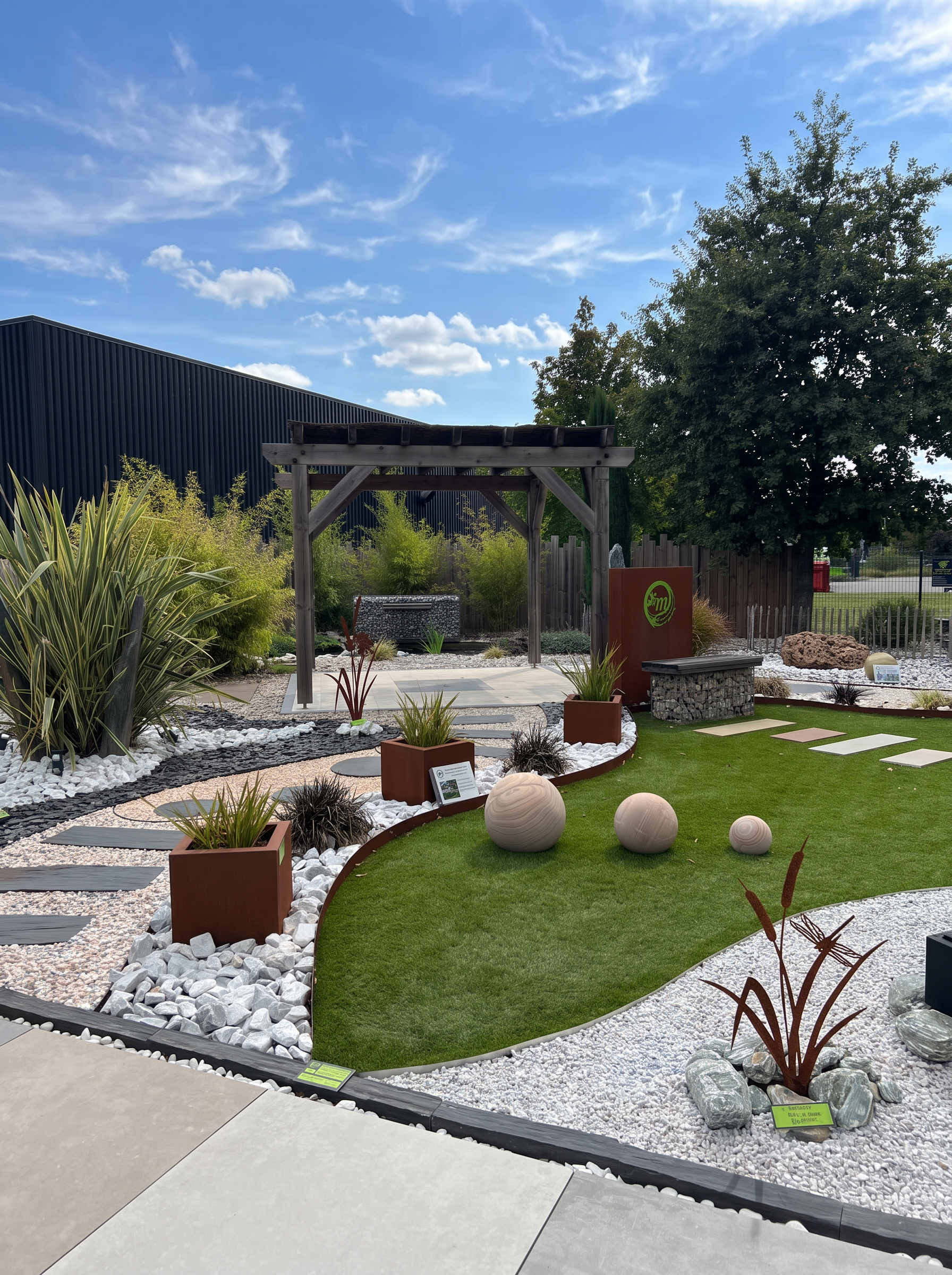 Jardin d’exposition de Hunaudières Matériaux sous un ciel bleu